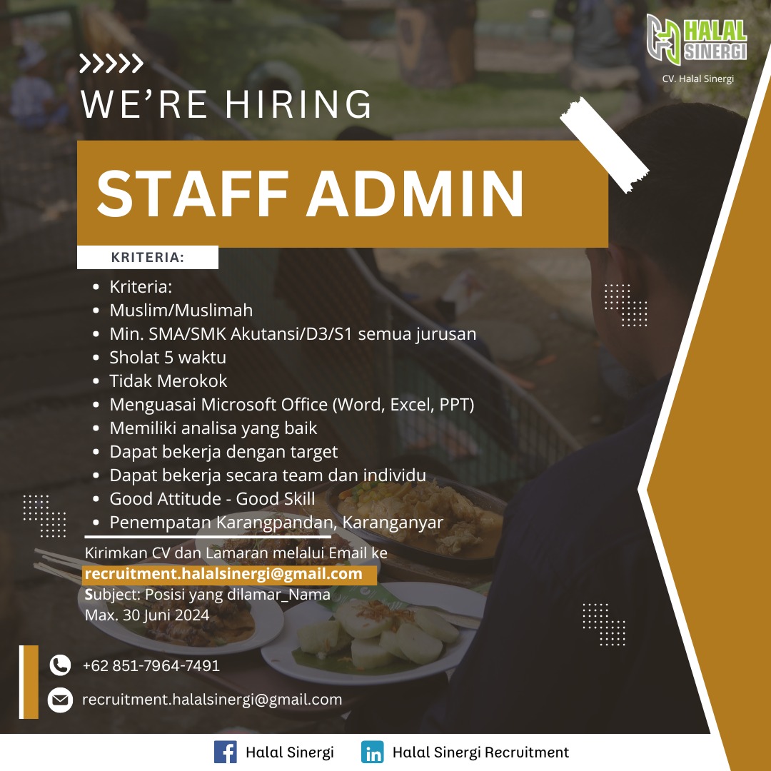 Loker Kasir Resto, Waiter/Waitress, CS Pusat, dll di CV Halal Sinergi Solo