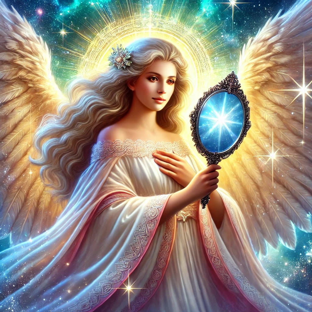 A divine angel holding a mirror of truth, reflecting spiritual abundance for Cancer’s journey