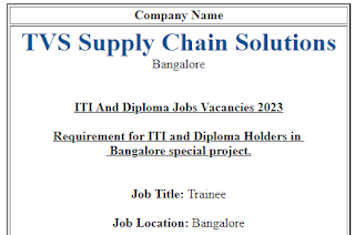 Requirement for ITI and Diploma Freshers in TVS Supply Chain Solutions Bangalore Special Project