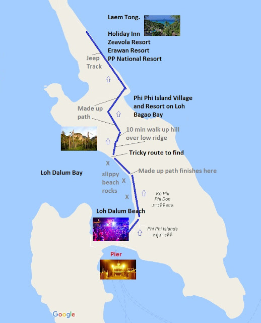 Map of walk from Nightlife beach to Laem Tong on Koh Phi Phi