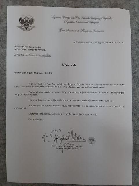 Supremo Conselho do R.'.E.'.A.'.A.'. da República Oriental do Uruguai escreve ao Supremo Conselho de Portugal (www.scdp.net)