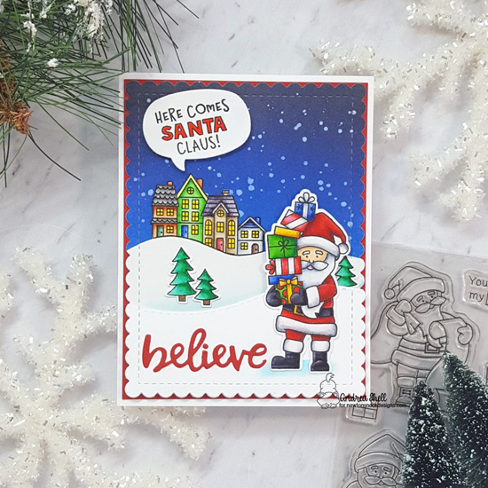 Here Comes Santa Claus Card by Andrea Shell | Dear Santa and Snow Globe Scenes Stamp Sets and various Die Sets by Newton's Nook Designs #newtonsnook