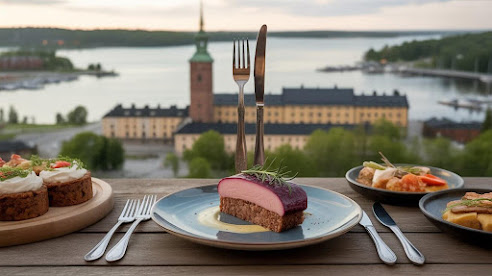 "Beautiful view of Karlstad city with a fork and knife over a plate, surrounded by Swedish cuisine dishes and Lake Vänern in the background"