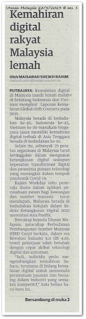 Kemahiran digital rakyat Malaysia lemah - Keratan akhbar Utusan Malaysia 22 Mei 2023