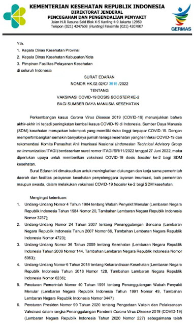 Surat Edaran Nomor HK.02.02/C/ 3615 /2022 Tentang Vaksinasi Covid-19 Dosis Booster Ke-2 Bagi Sumber Daya Manusia (Tenaga) Kesehatan