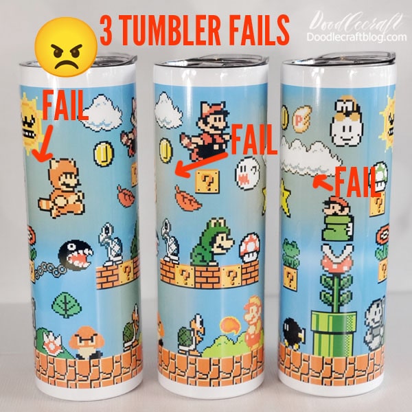 So a month ago I wanted to make this Super Mario Brothers tumbler...but I only had a Cricut Mug Press. I read that it still works with tumblers, so I tried it.   and failed.   and tried again.   and failed.   and tried again.   and failed.    The mug press just did not get even heat on the full tumbler and the tumblers looked discolored, the seam showed and I was bummed.   And I didn't want to keep wasting products.