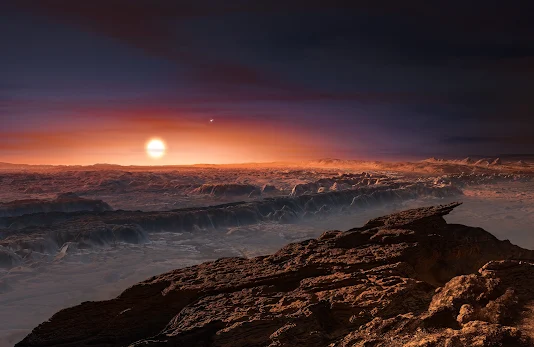 Artist's impression of the rocky exoplanet around Proxima Centauri with its parent red-dwarf star hanging low on the horizon.