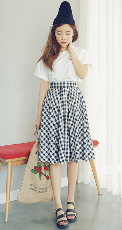 Checkered Flare Skirt with Back Zips