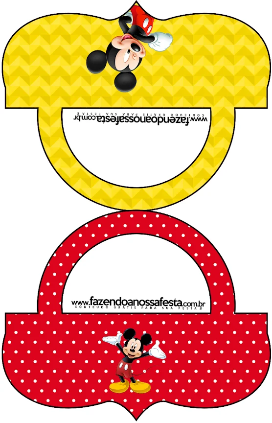 Mickey en Fondo Amarillo con Zigzags y Rojo con Lunares: Etiquetas para Candy Bar para Imprimir Gratis.