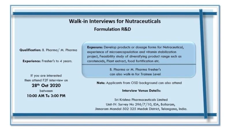 Sri Krishna Pharmaceuticals Limited Walk In Interview For B-Pharma / M-Pharma - Formulation R&D