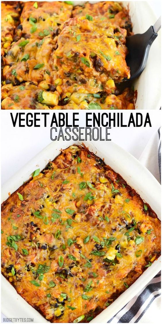 For my version, I began with a simple mix of black beans, corn, green chiles, green onion, and cilantro. To up the vegetable content, I also added a diced zucchini. I layered the vegetable mix between corn tortillas, cheese, and my Easy Red Enchilada Sauce. After a little time in the oven to make sure the vegetables are nice and tender and everything gets infused with the flavorful sauce, you’ve got a warm, filling, and insanely delicious casserole. And that’s something that everyone deserves at the end of the day.