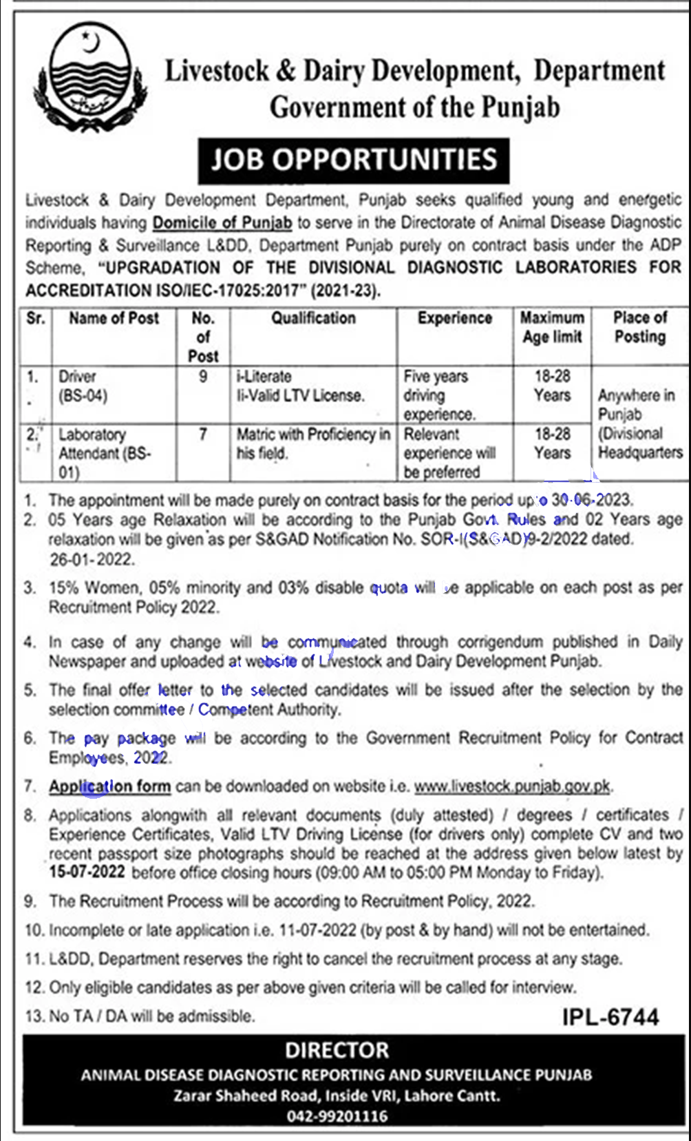 Livestock and Dairy Development Department Punjab jobs 2022