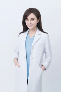 女牙醫師穿醫師袍內搭藍色刷手服笑容站姿手插口袋面向左側身看鏡頭