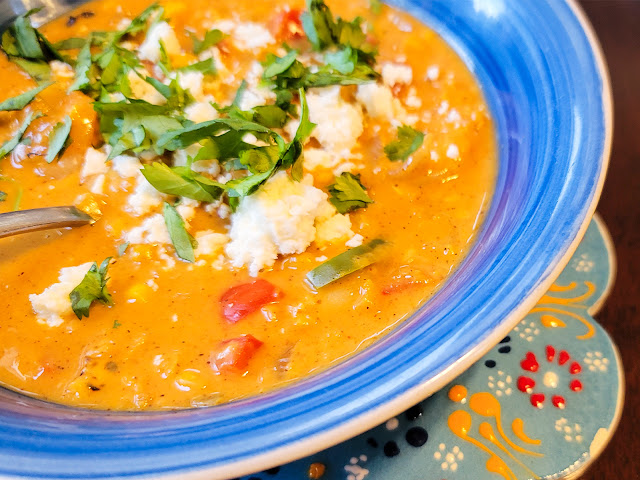 Elote-inspired shrimp and corn soup
