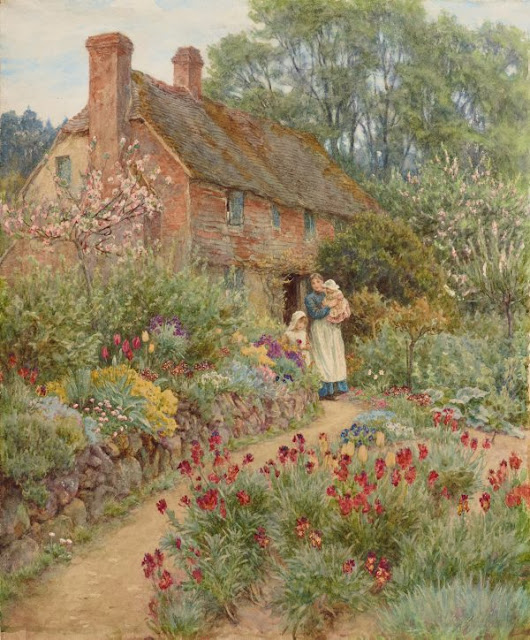 Artwork, XIX century art, watercolours, "Hillside cottage" by Helen Allingham, 1889.