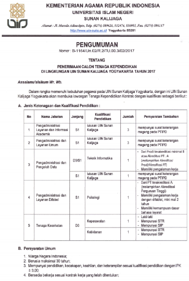 Penerimaan Calon Tenaga Kependidikan UIN Sunan Kalijaga Tahun 2017