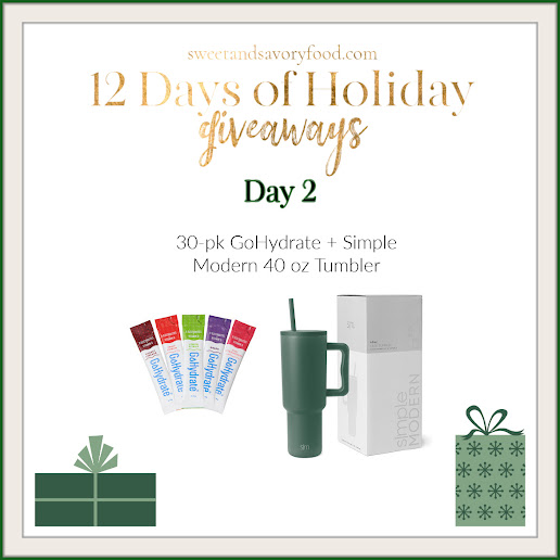 Collage of holiday giveaways with GoHydrate + Simple Modern 40 oz Tumbler