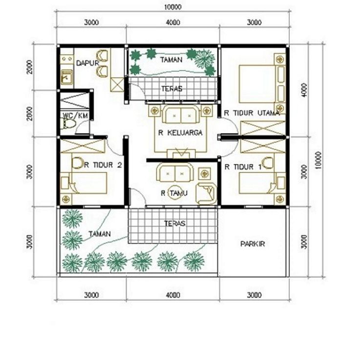 denah rumah luas tanah 100 m2 minimalis