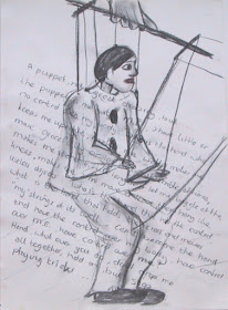 drawing of a puppet by Corina Duyn, with text: Who is pulling the strings of M.E.