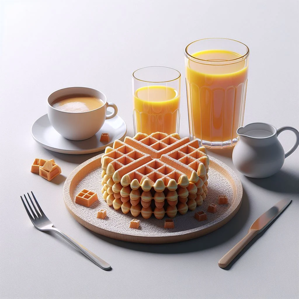 imagen creada con inteligencia artificial de unos waffles sin miel jugo de naranja cafe