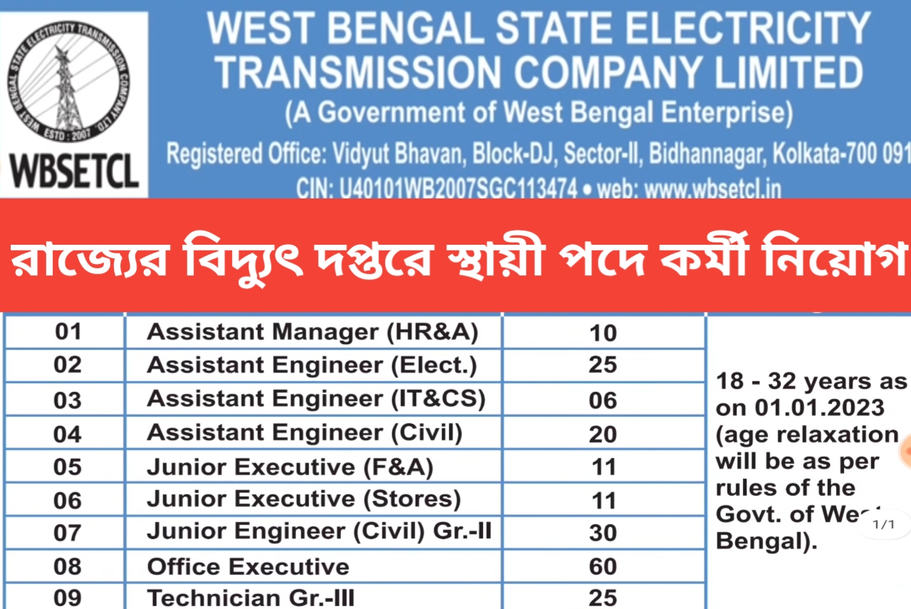 রাজ্যের বিদ্যুৎ দপ্তরে 198 স্থায়ী পদে কর্মী নিয়োগ | WBSETCL Recruitment 2023