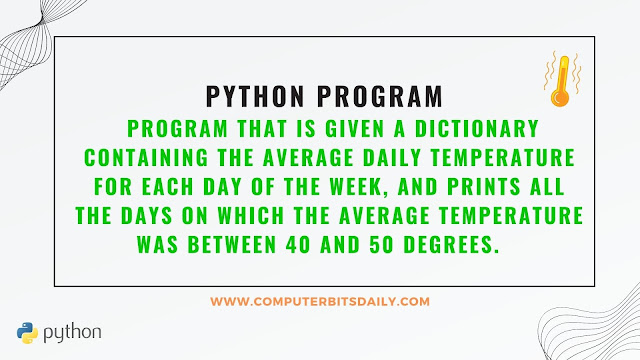 Write a program that is given a dictionary containing the average daily temperature for each day of the week, and prints all the days on which the average temperature was between 40 and 50 degrees.