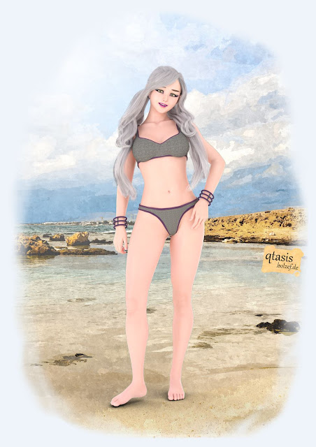 grauhaarige Ariana locker aber bisschen unhöflich im stahlgrauen Bikini, interessiert an Hiphop und Skaten | Gray-haired Ariana, relaxed but a bit rude in a steel-gray bikini, interested in hip-hop and skating