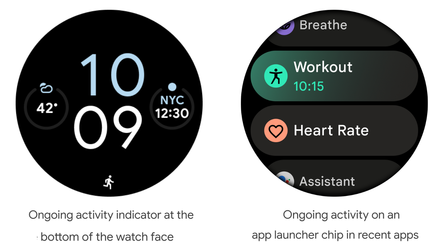 Images of two watch faces displaying ongoing activity indicator at the bottom of the watch face on the left and Ongoing activity on an app launcher chip in recent apps on the right