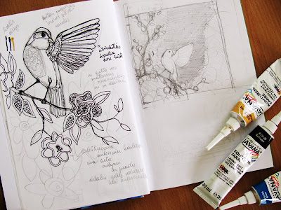 Nightingale silk painting sketch / lakštingala šilko paveikslo eskizas