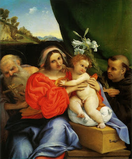 A 1521 painting showing Mary and the baby Jesus in the middle. In the background, left and right are two men. The man on the right is presenting them with a lilies on a stalk.