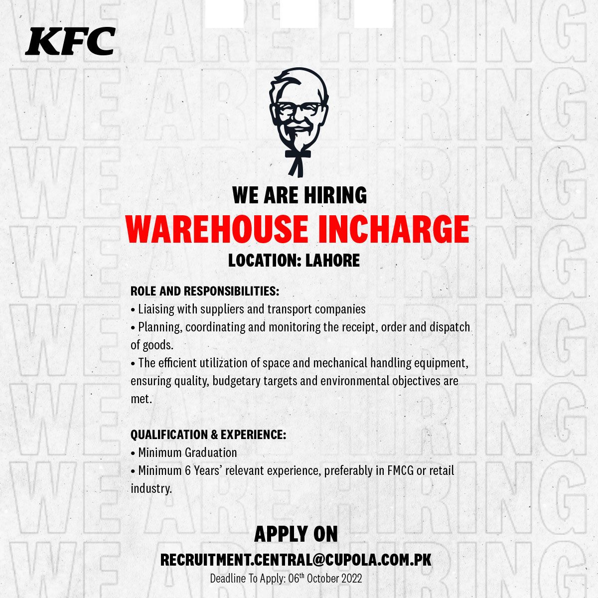 KFC Pakistan Jobs For Warehouse Incharge