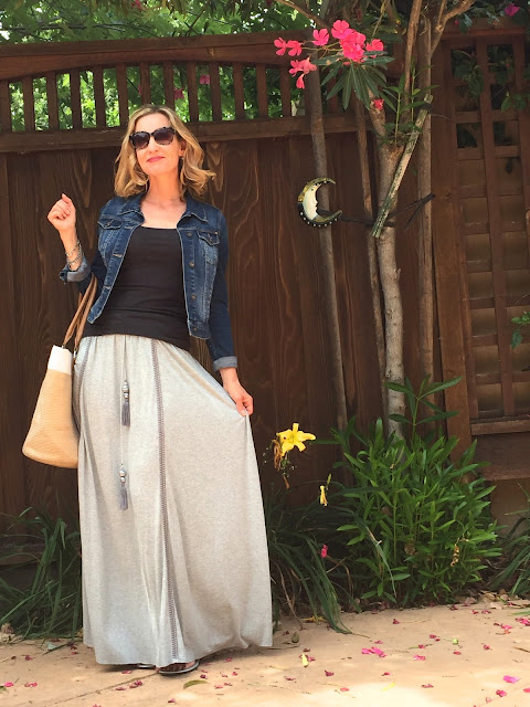 maxi skirt, tank, denim jacket, sandals, summer bag