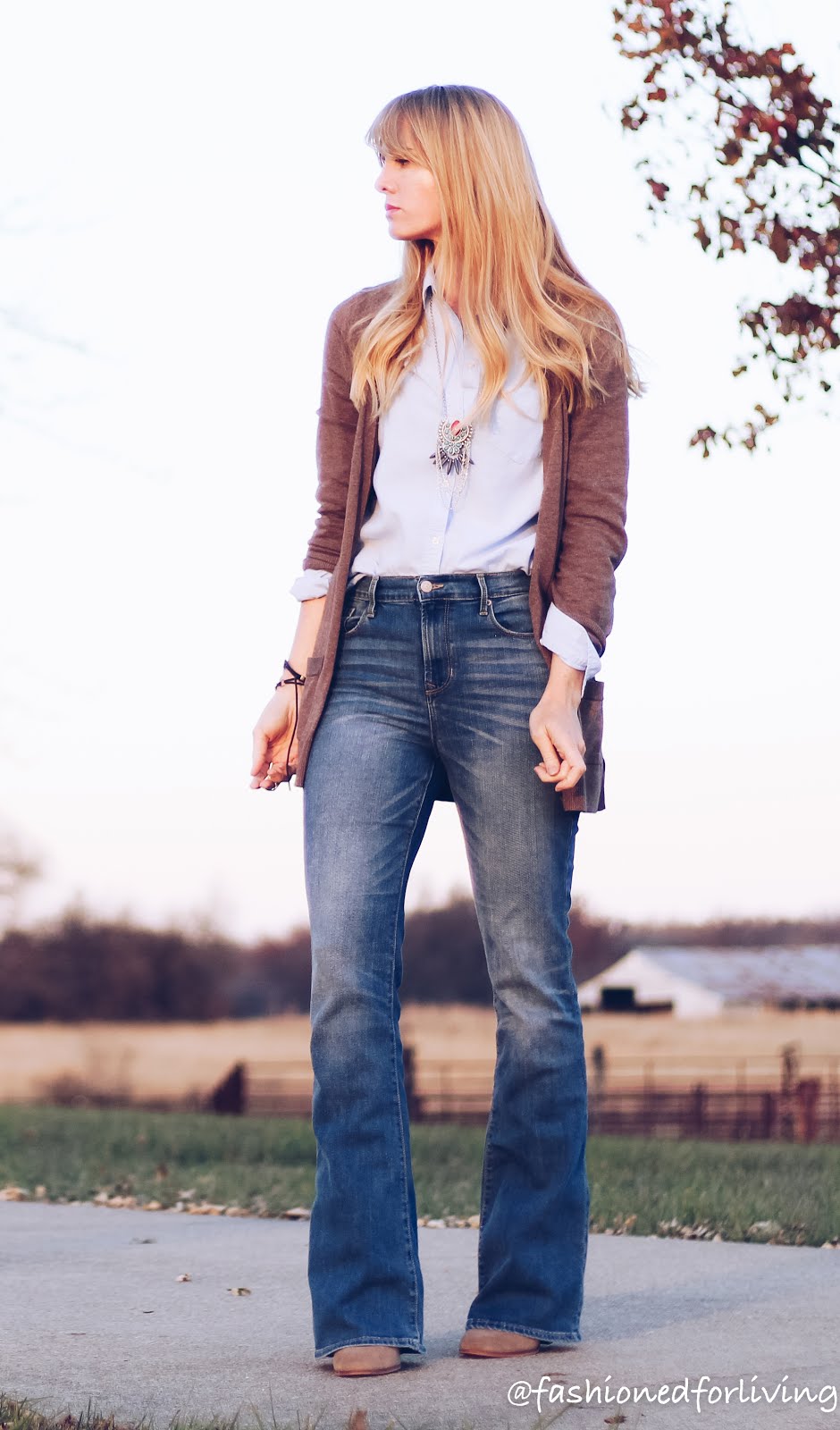 Fashioned For Living: high waisted flare jeans outfit with blue button up  and boyfriend cardigan