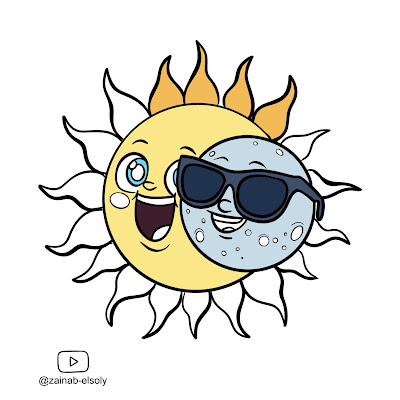 free coloring page featuring a cute cartoon depiction of a solar eclipse. With a cheerful sun and moon coming together in harmony