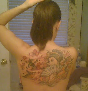 Tattooed Lady with Japanese Geisha Tattoo Design on back body