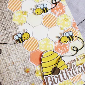 Sunny Studio Stamps: Just Bee-cause Quilted Hexagons Bee Themed Birthday Card by Lexa Levana