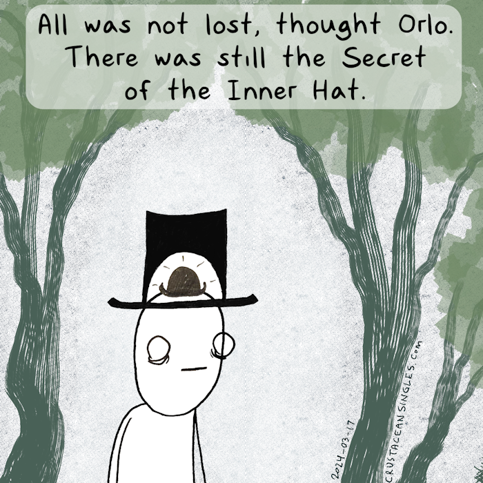 A person stands under the leafy canopy of tall, graceful trees. The person wears a top hat and, for the viewer's sake, a small cross-section inside the hat is shown: atop the wearer's head inside the top hat, a tiny bowler hat is also worn. Top caption: "All was not lost, thought Orlo. There was still the Secret of the Inner Hat."