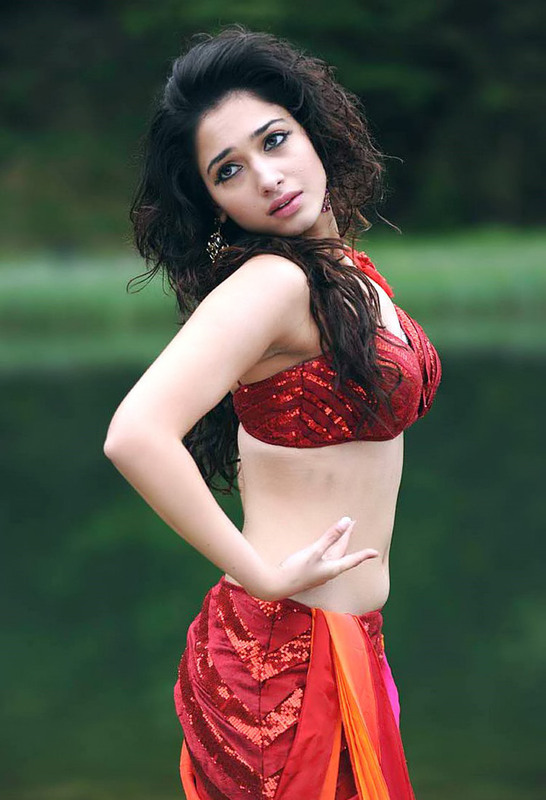 Actress Tamanna Hot Navel Show in Red Dress Photos