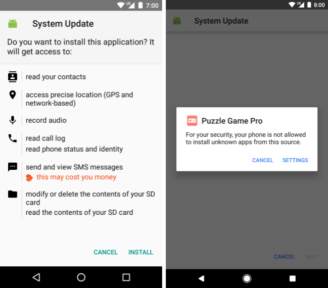Android Developers Blog Making It Safer To Get Apps On Android O - left pre android o the install screen for a pha masquerading as a system update right android o before the pha is installed the user must first
