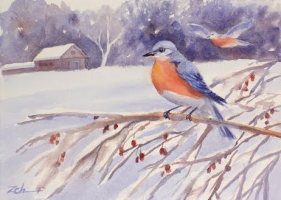 Bluebirds in the Snow watercolor