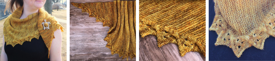 Four pictures of the Tournesol Shawlette, it is a simple garter stitch shawl with a lovely cabled lace border.