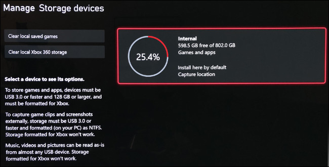 شاشة "إدارة أجهزة التخزين" على Xbox Series X.