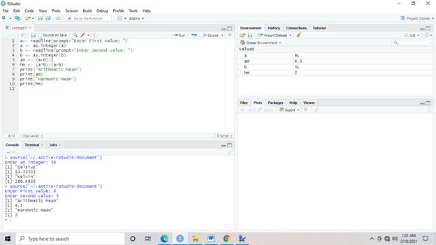 Write a R program to accept two numbers and print arithmetic and harmonic mean of the two number.