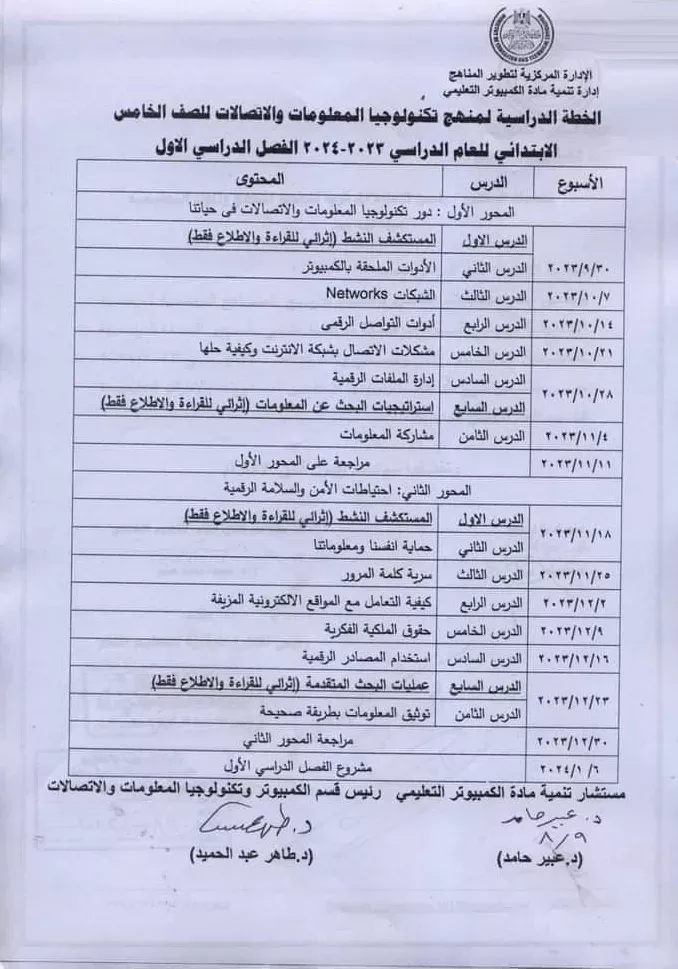 خطة توزيع منهج الكمبيوتر وتكنولوجيا المعلومات للمرحلة الإبتدائية 2024  " مستند  "