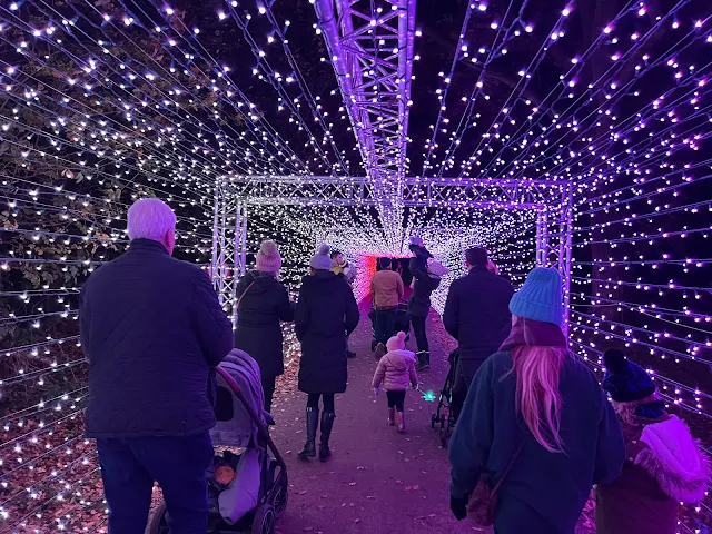 A light tunnel full of changing coloured fairy lights