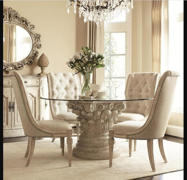 Elegant Glass Dining Table with white base in carving to white classic tufted dining chair with cushion classical dining room furniture sets