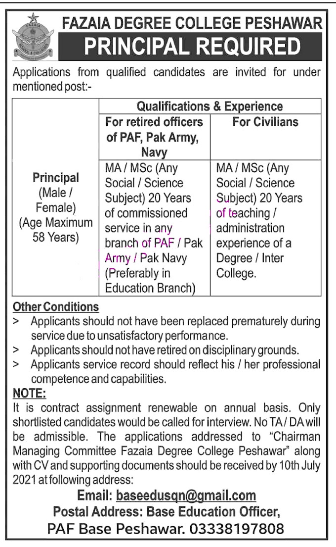 Fazaia Degree College Peshawar Latest  Jobs 2021 | Last Date  july 10, 2021