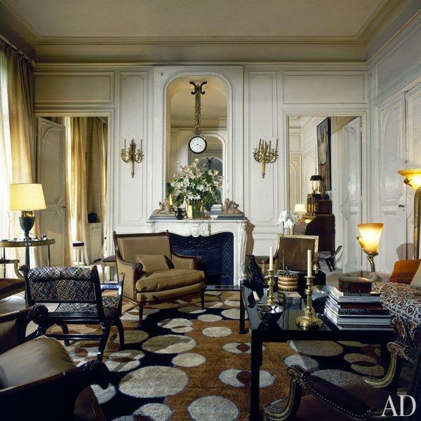 traditional open large white living room with bold rug