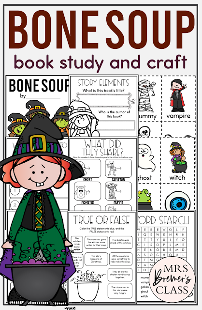 Bone Soup book activities unit with read aloud companion printables, reading comprehension worksheets, literacy lesson ideas, and a craft for K-2