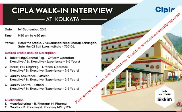 Cipla Limited | Walk-In for Multiple Positions | 16th September 2018 | Kolkata